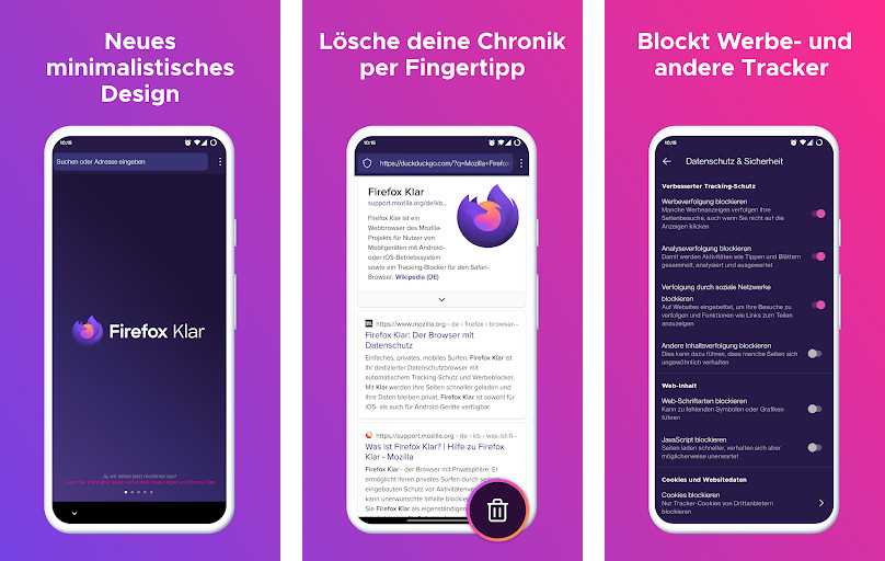 Firefox Klar - Duyệt web riêng tư và nhẹ nhàng, Chặn trình theo dõi và quảng cáo