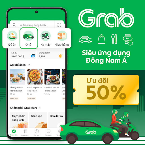 Grab: gọi xe, đồ ăn, giao hàng - Đặt xe nhanh chóng, Giao đồ ăn đa dạng, Vận chuyển tiện lợi