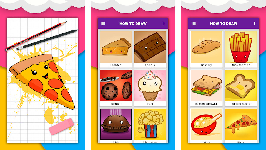 How to draw cute food by steps - Hướng dẫn từng bước, Vẽ thức ăn dễ thương, Giao diện đơn giản